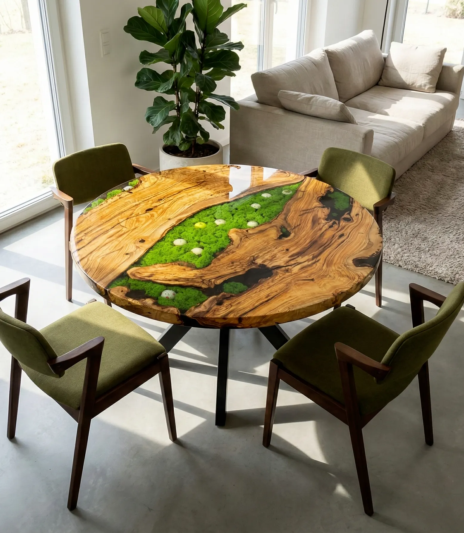 stół z drewna oliwnego z żywicą epoksydową i motywem golfowym