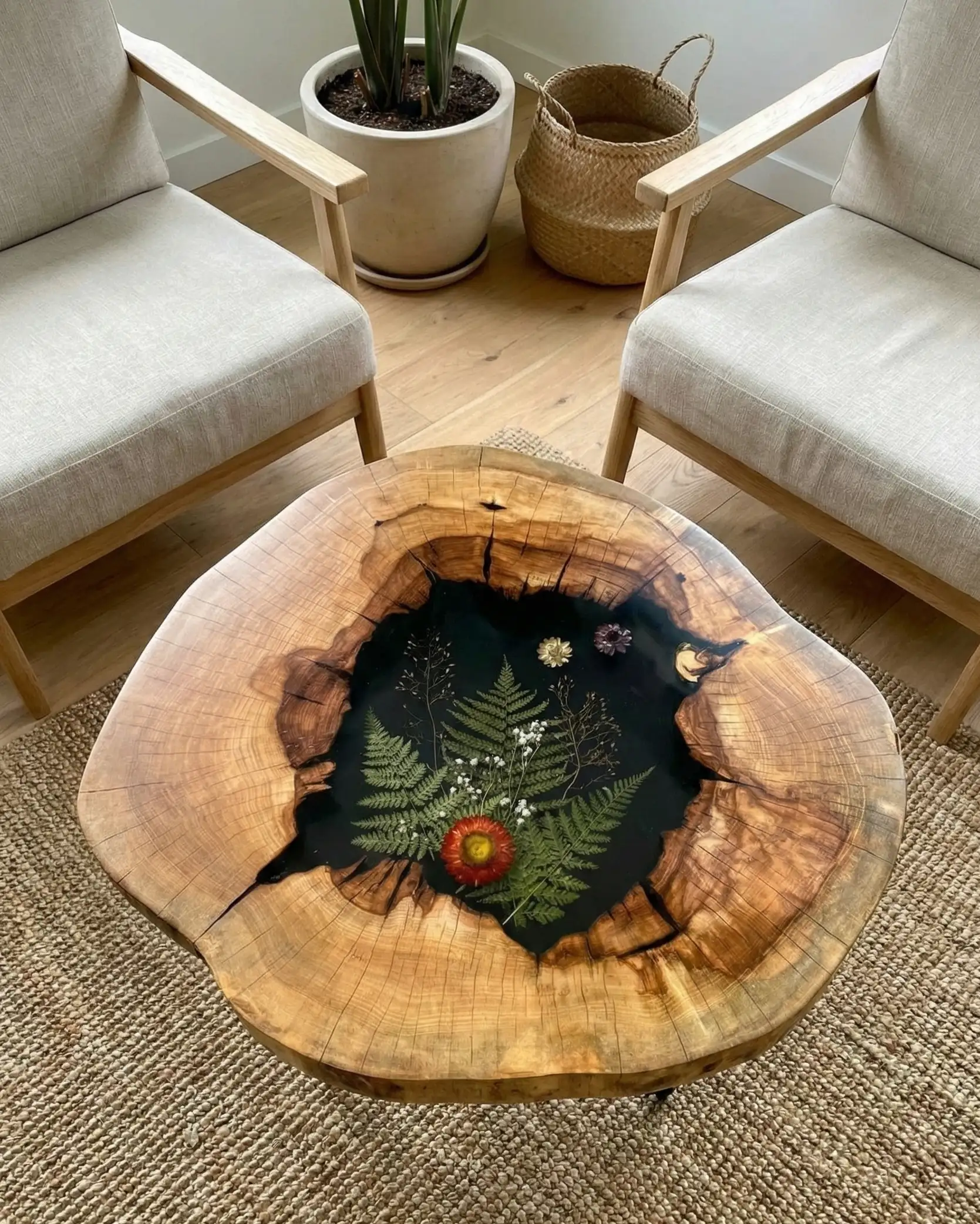 stolik kawowy z kasztanowca oraz motywem roslinnym u klienta w domu