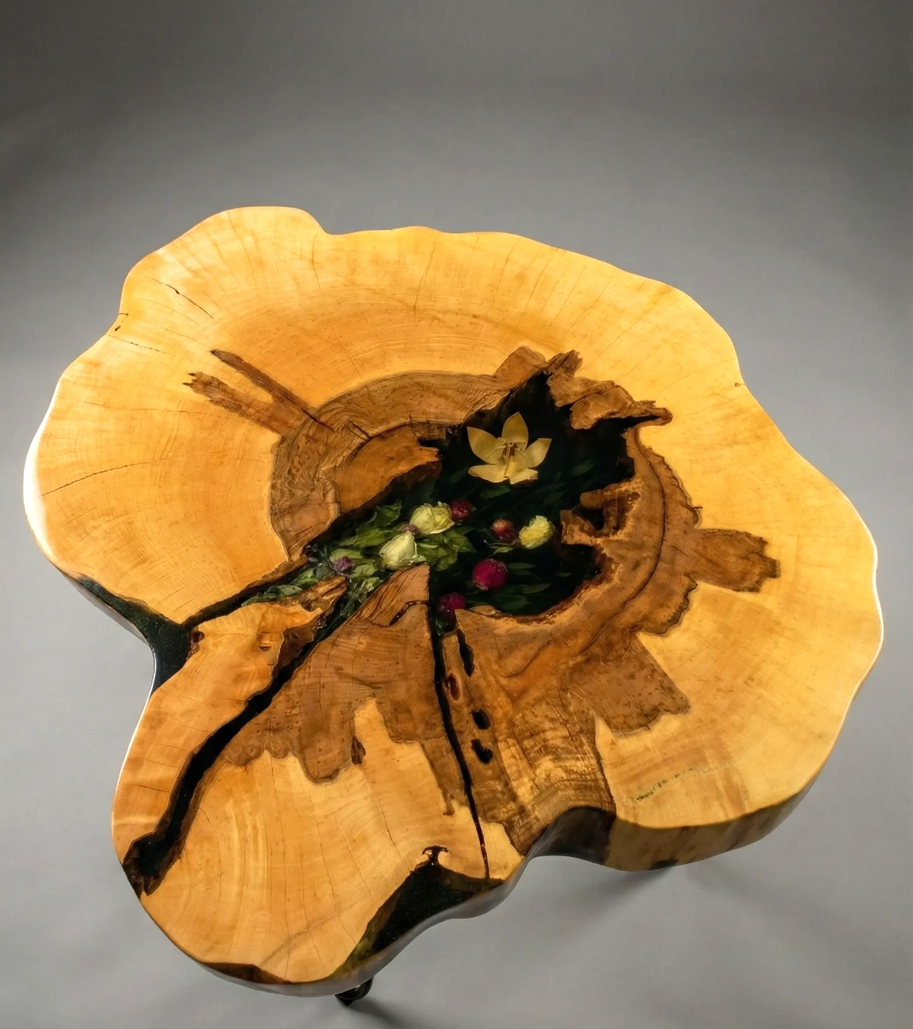 stolik kawowy z plastra jabłoni z kwiatami zalanymi żywicą epoksydową