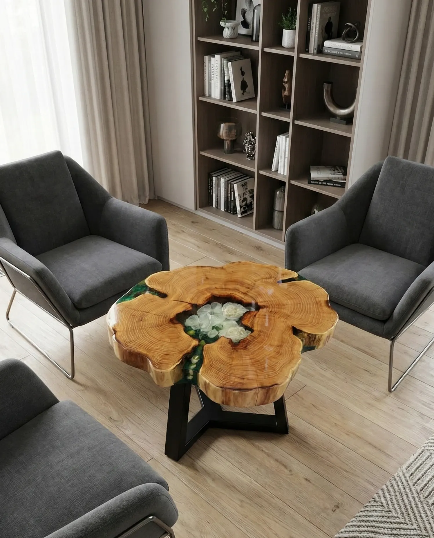 stolik kawowy z zatopionymi w żywicy ślubnymi kwiatami akacji