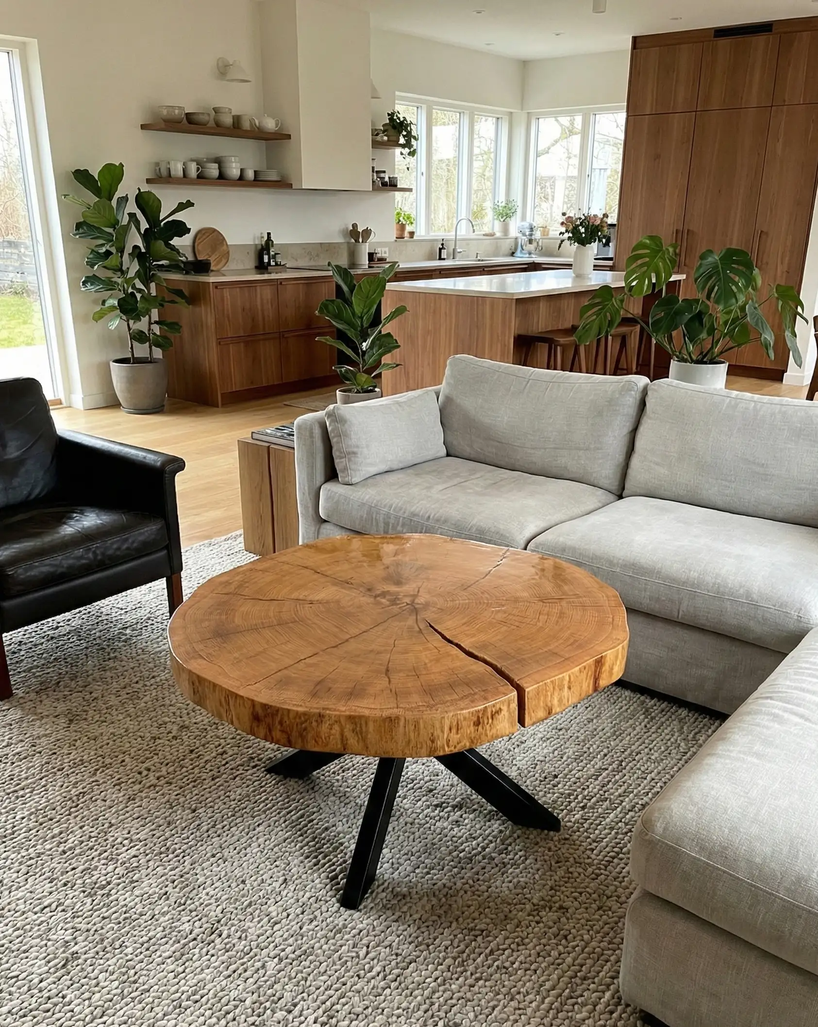 stolik kawowy z plastra czerwonego drewna dębowego z metalowymi nogami