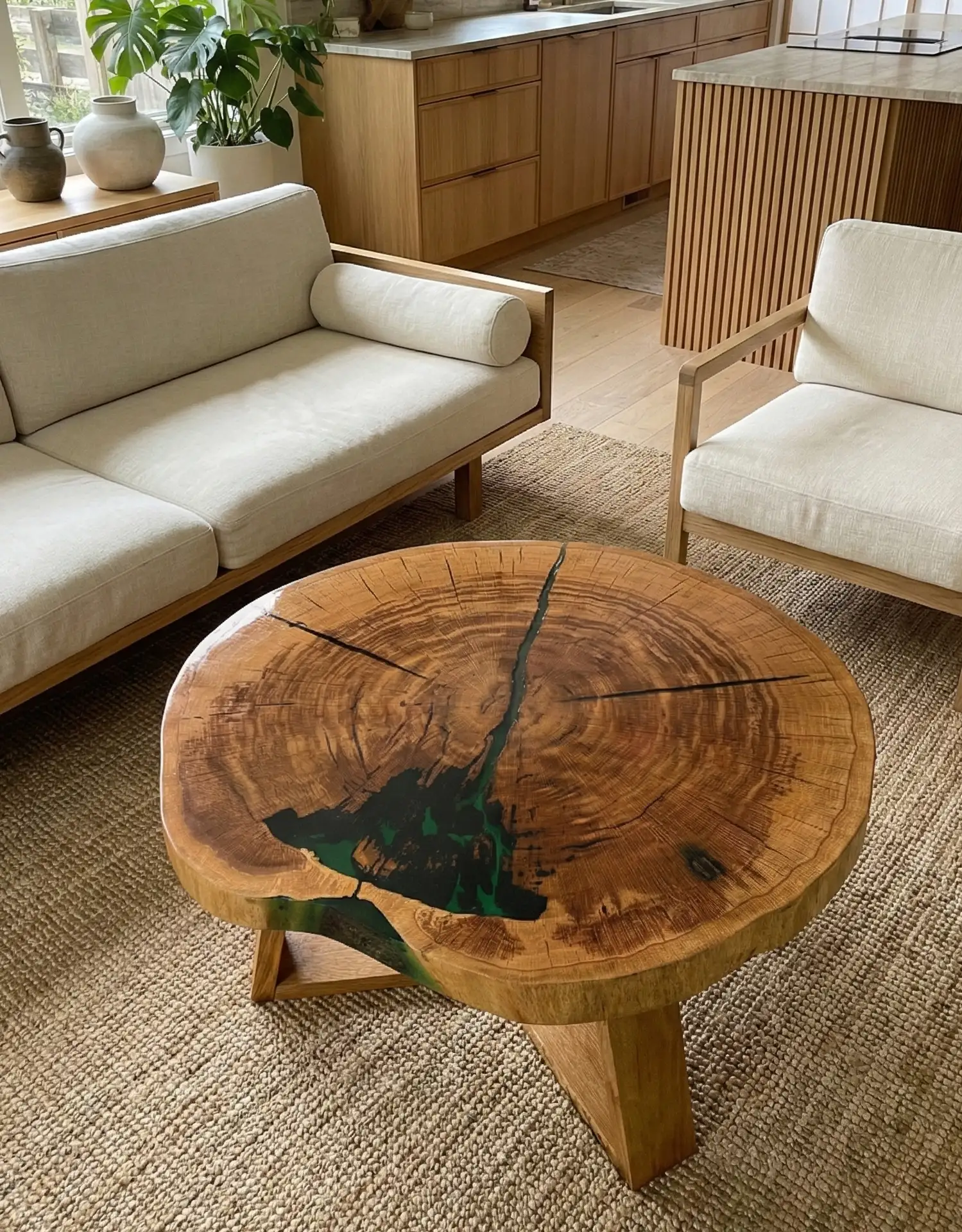 stolik kawowy z plastra dębowego z zieloną żywicą epoksydową na drewnianych nogach