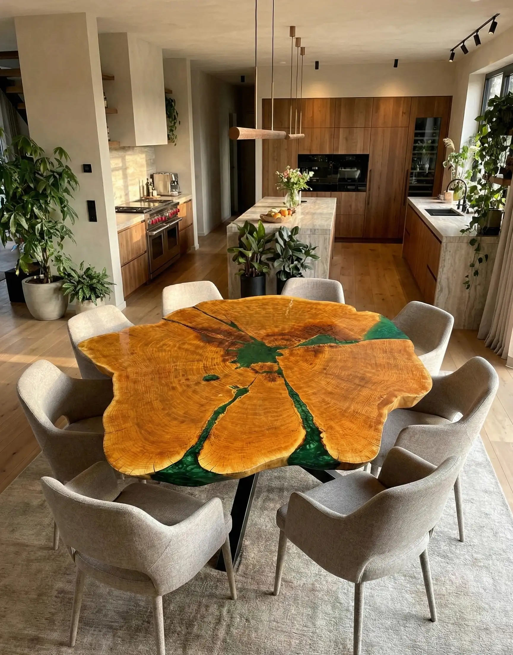 dębowy stół jadalniany z zieloną perłową żywicą
