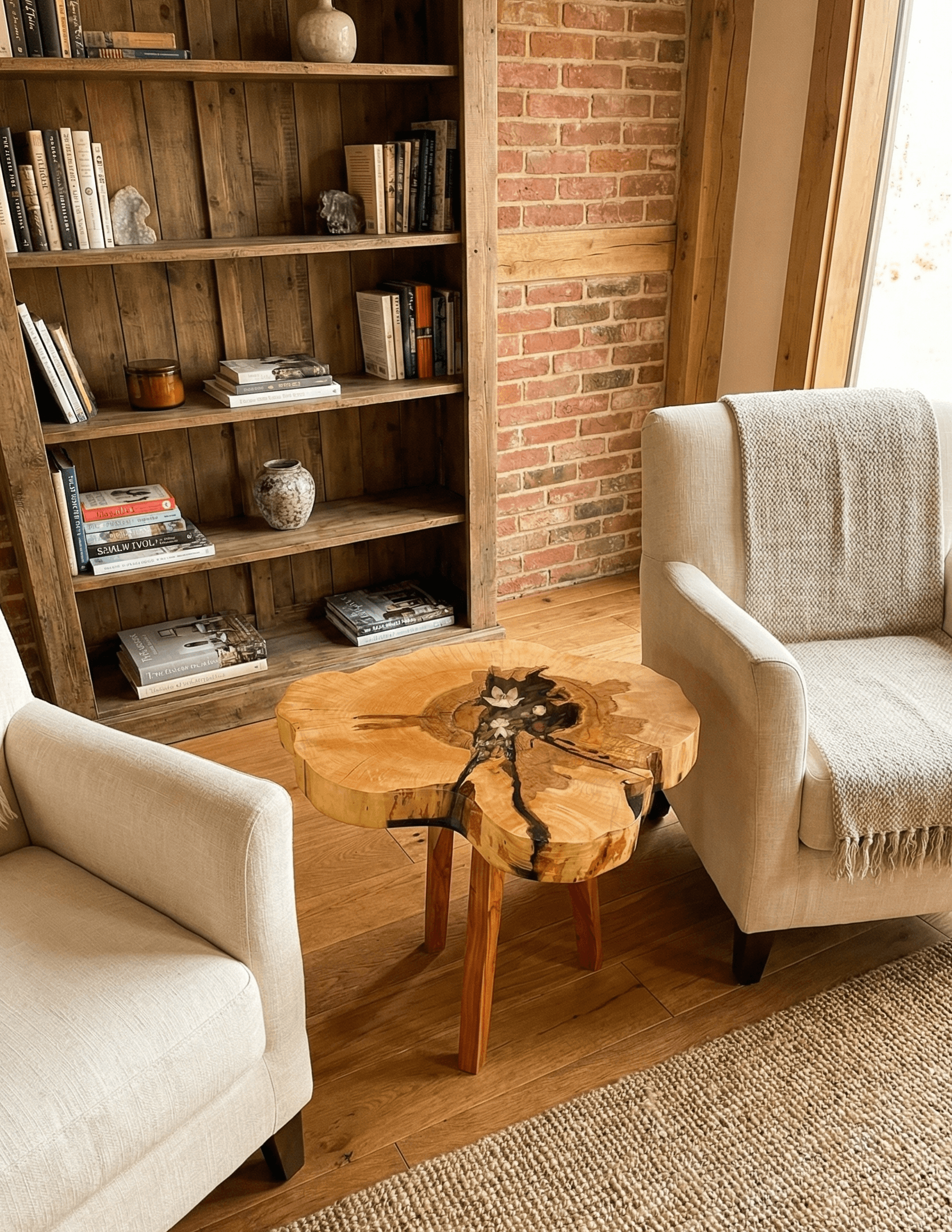 stolik kawowy wykonany z plastra jabłoni z motywem kwiatowym zatopionym w żywicy