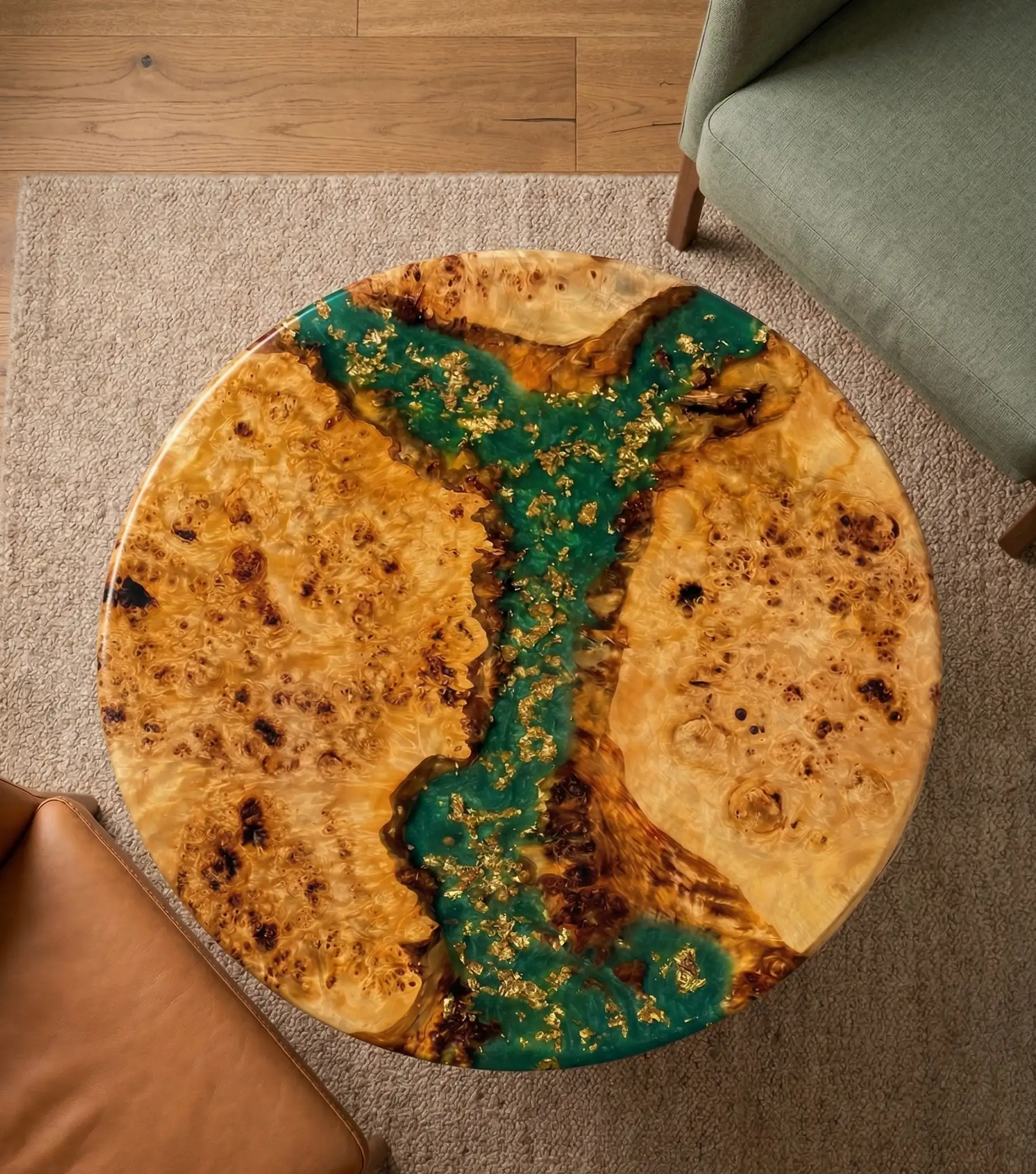 stolik kawowy do salonu z czeczotą topoli oraz drewniane bukowe nogi, stolik z żywicą i złota rzeką