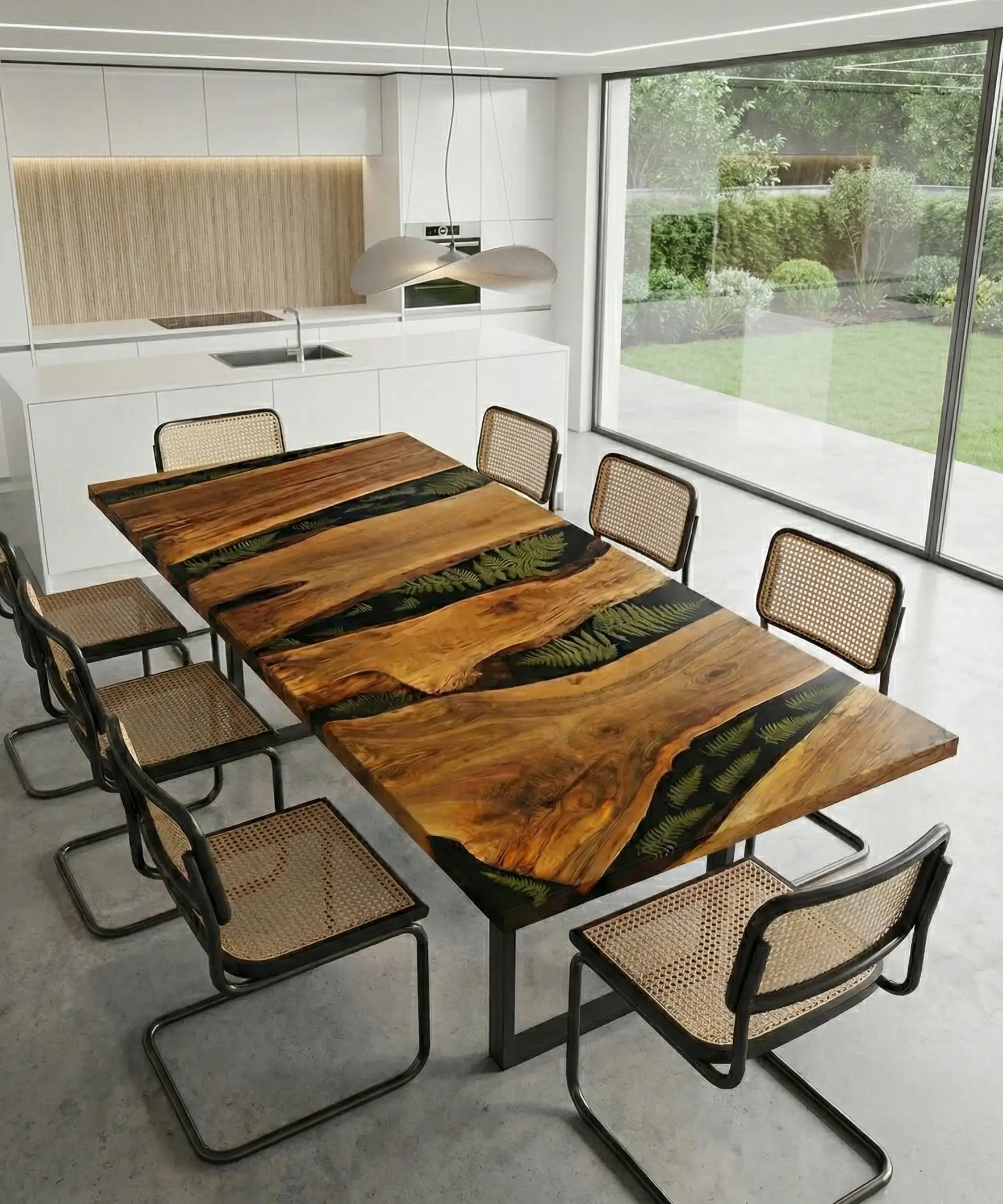 stół jadalniany z desek orzecha włoskiego z paprociami zatopionymi w żywicy na metalowych nogach