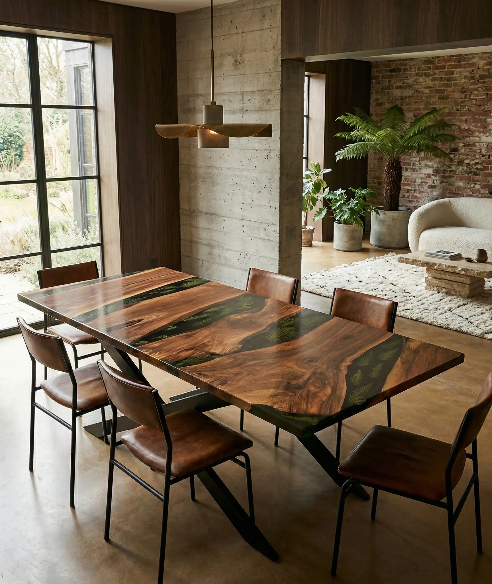 stół jadalniany z drewna orzecha włoskiego i żywicy epoksydowej z paprociami roślinne detale nowoczesna jadalnia