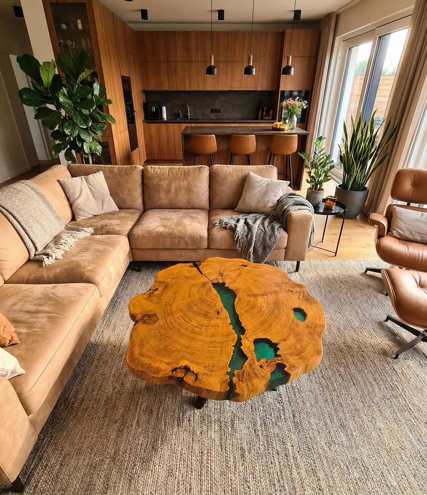 stolik kawowy z plastra dębu i żywicą epoksydową u klienta w domu