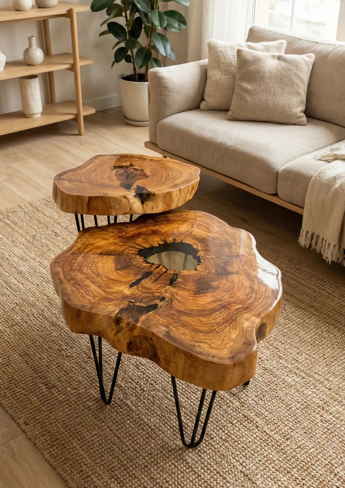 komplet stolików kawowych z drewna oliwnego z żywicą zabezpieczone lakierem w połysku