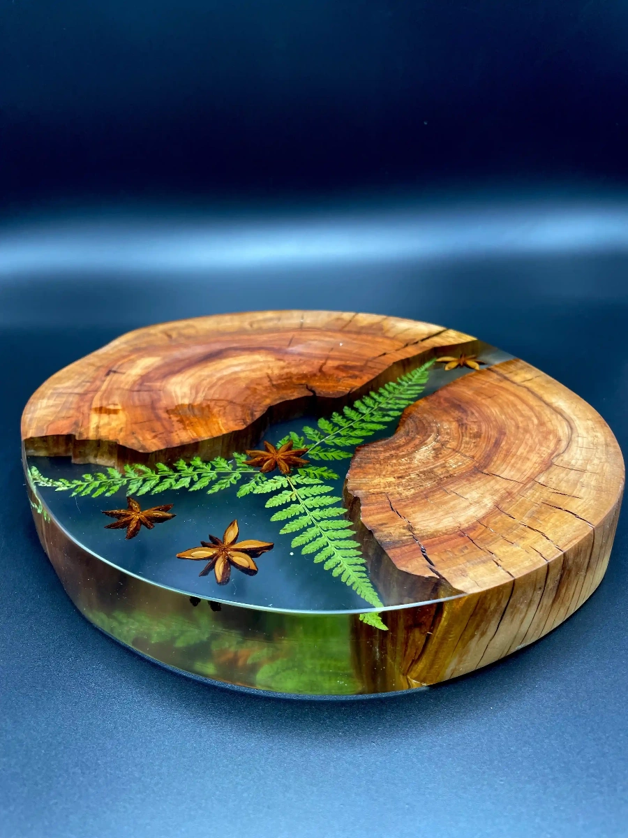 stolik kawowy z drewna jabłoni z transparentną żywicą epoksydową paprocią i anyżem