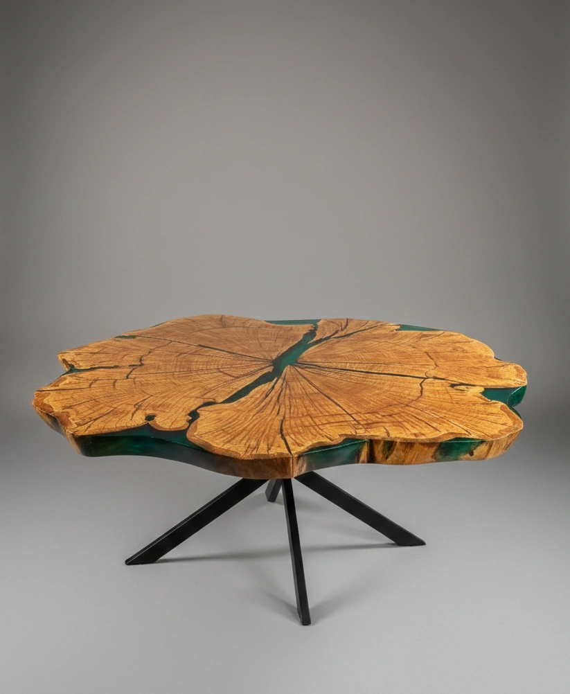 stół jadalniany z dębu z zieloną żywicą epoksydową na metalowych nogach zabezpieczony lakierem w połysku