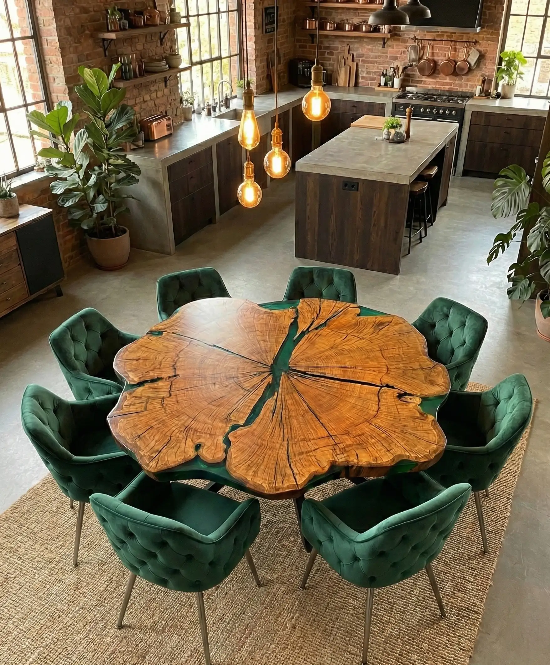 stół jadalniany z wielkiego plastra dębu z zieloną butelkową żywicą epoksydową u klienta w domu