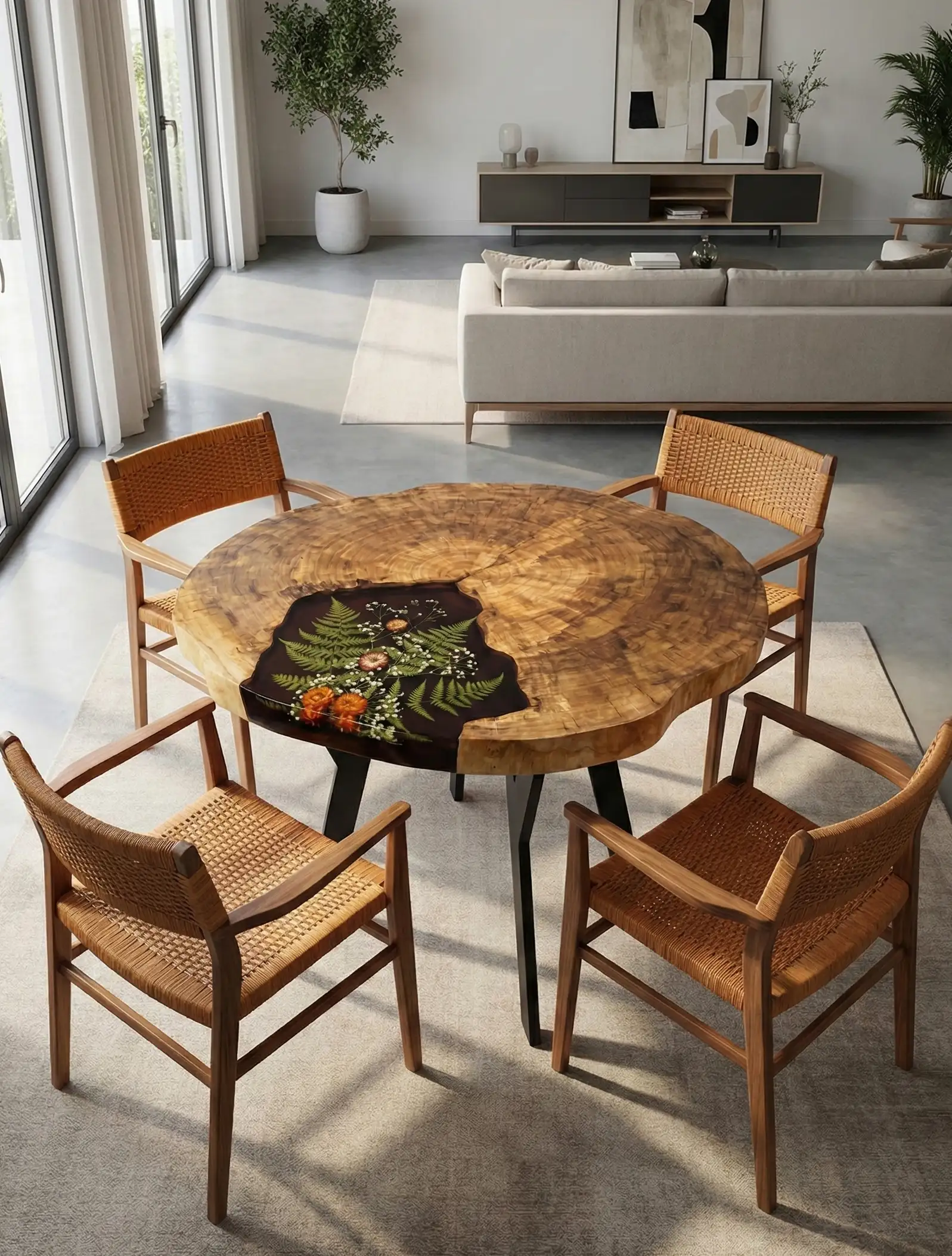 stół jadalniany z plastra topoli z roślinami zatopionymi w żywicy epoksydowej zabezpieczony olejem naturalnym