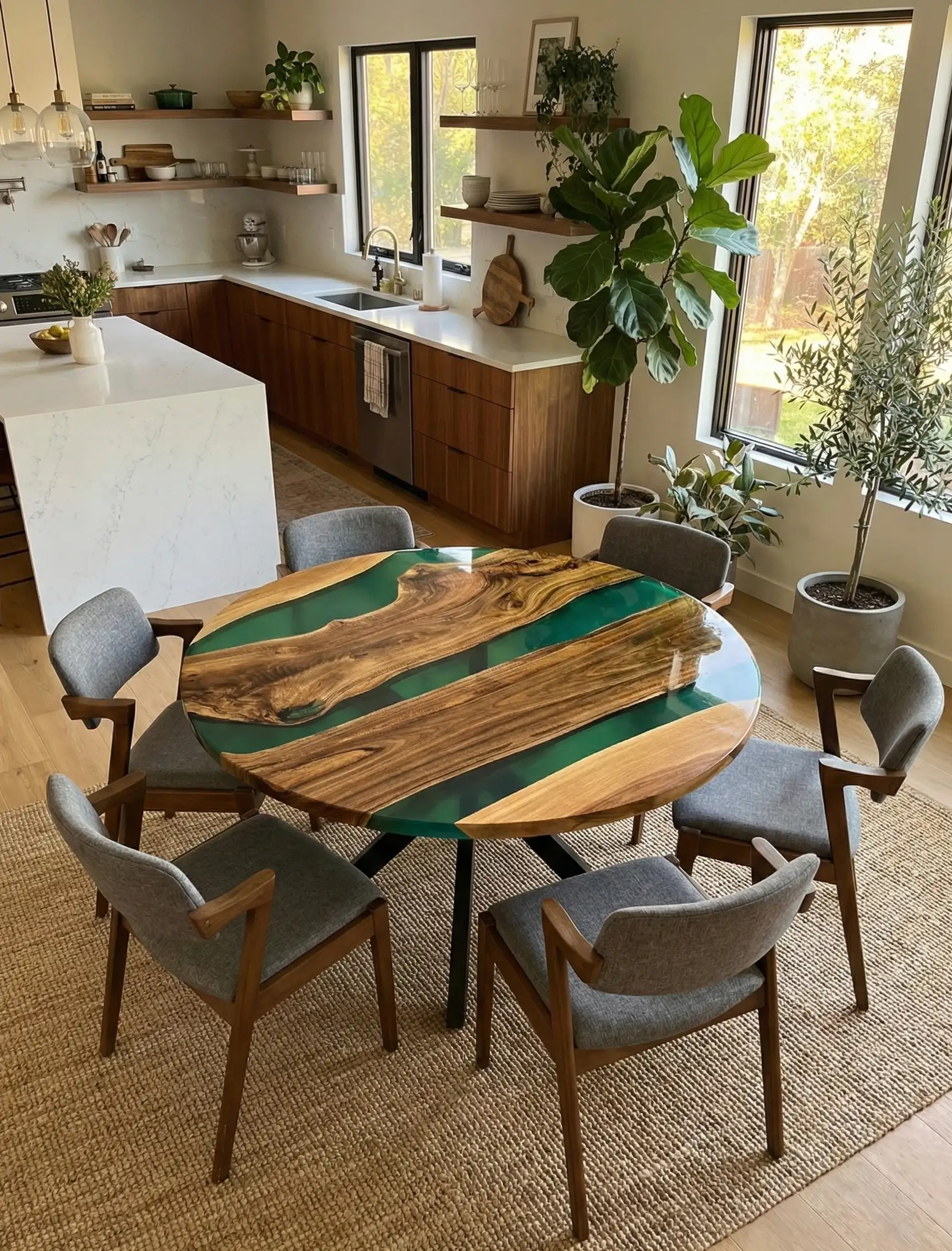 stół jadalniany okrągły z desek orzecha włoskiego i żywicy epoksydowej w domu u klienta