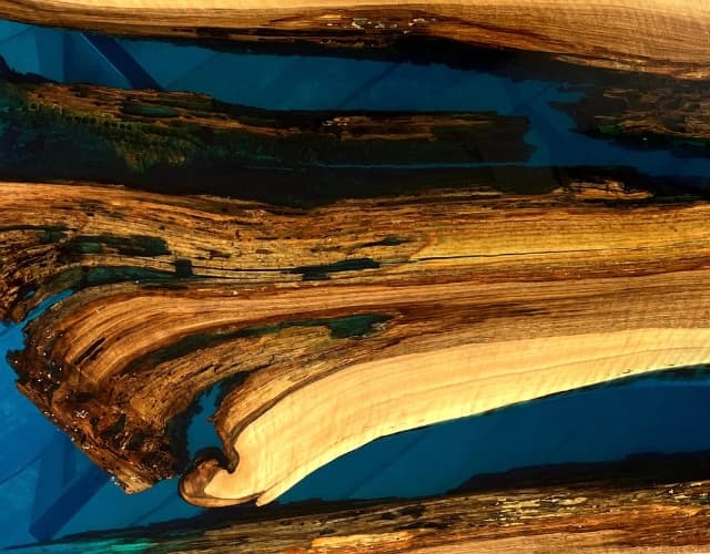 orzech włoski w połączeniu z niebieską żywicą epoksydową z zatopionym ulem