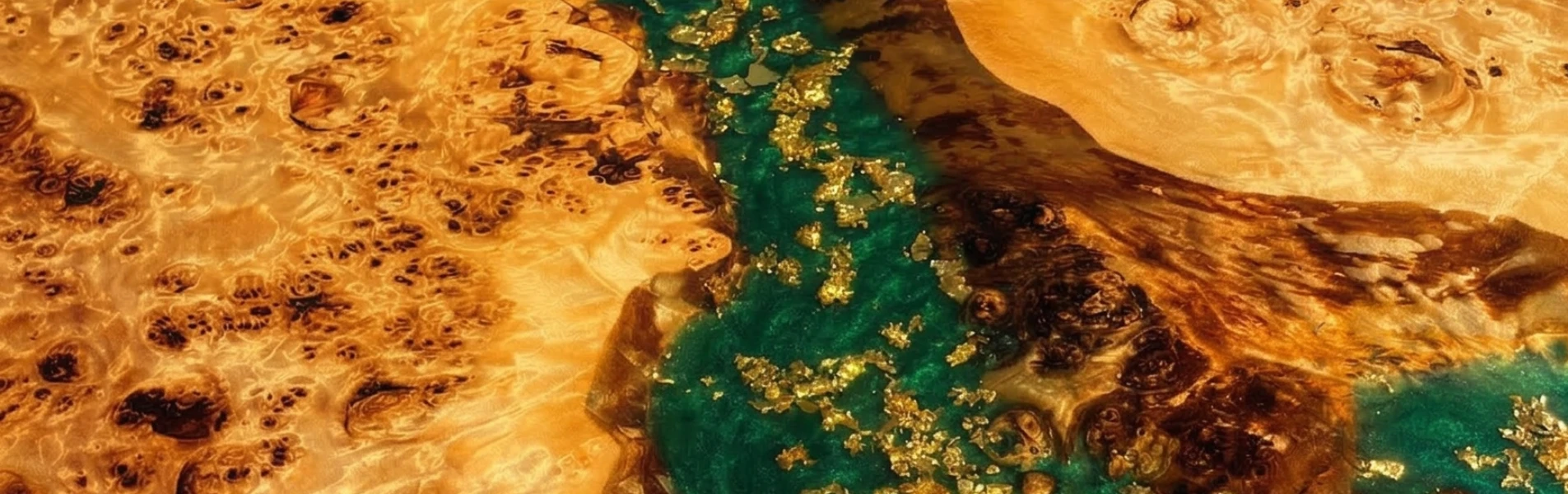 stolik kawowy z topoli z czeczotą i zieloną perłową żywicą z płatkami złota