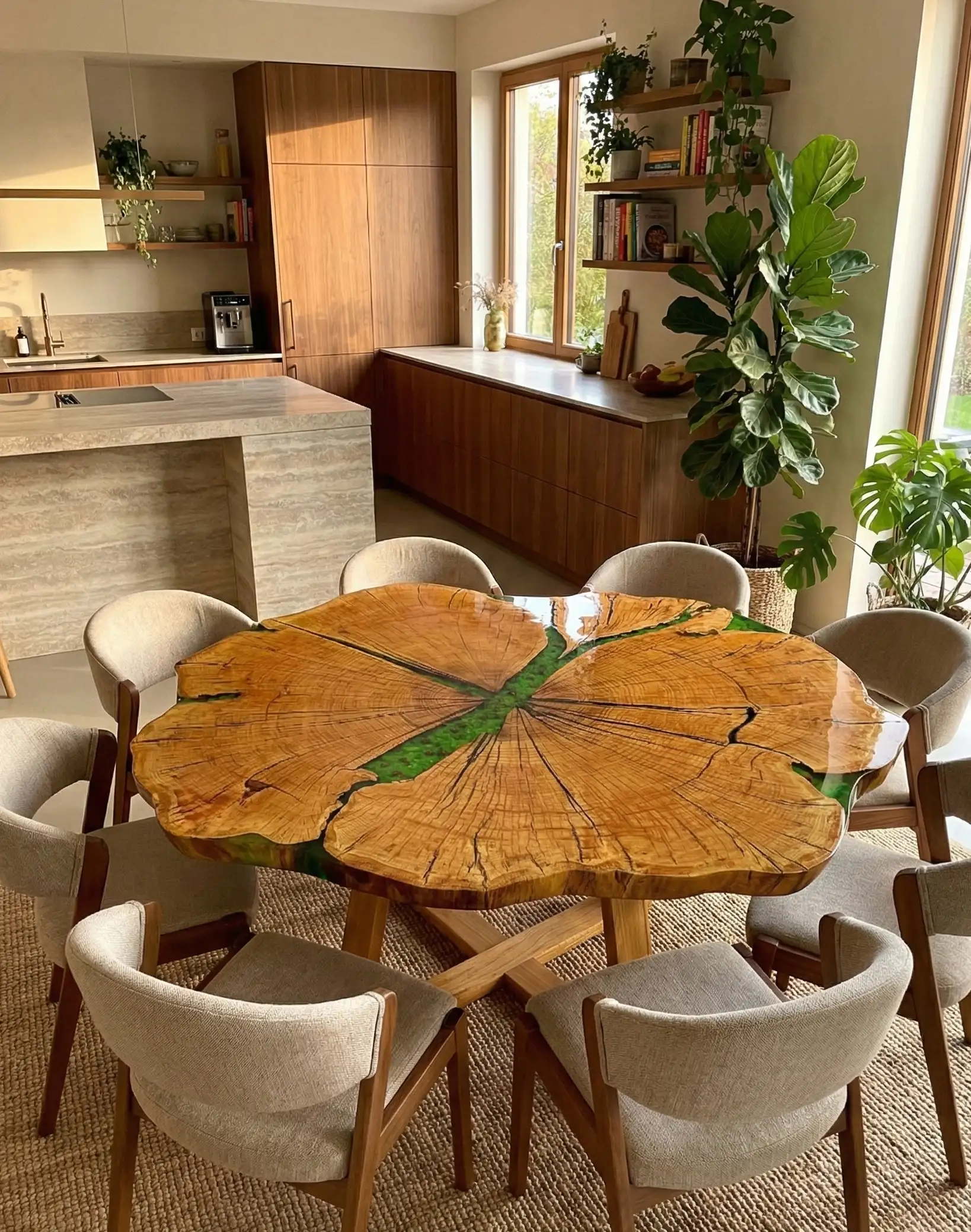 ogromny stół jadalniany z plastra dębowego z żywicą epoksydową mchem oraz kwiatami polnymi na drewnianych nogach