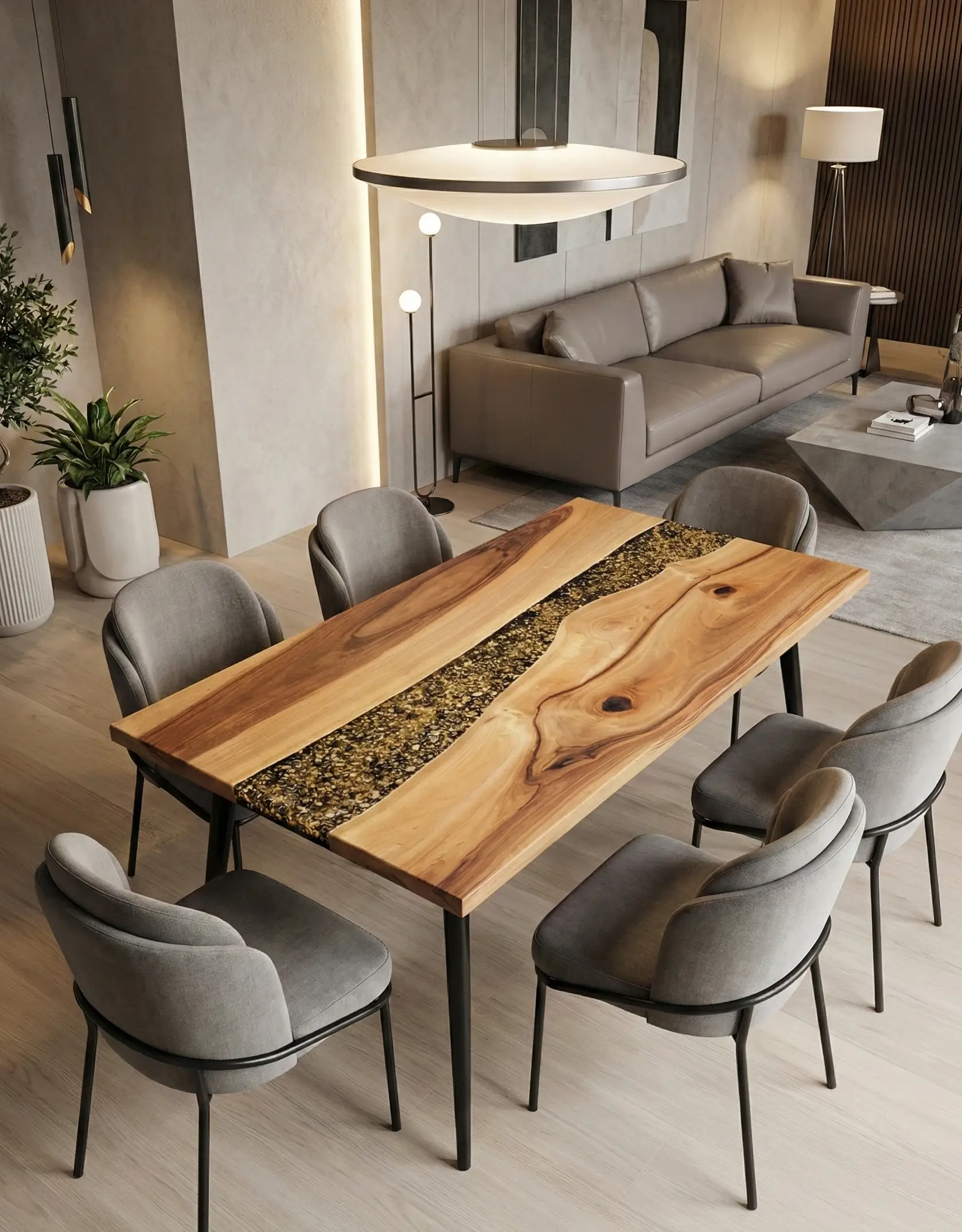 stół jadalniany river table z orzecha włoskiego z żywicą epoksydową i płatkami złota