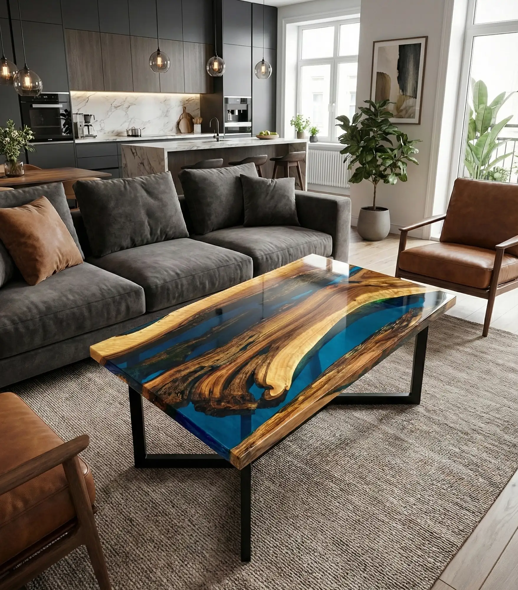 stolik kawowy wykonany z desek orzecha włoskiego z niebieską żywicą i zatopionym ulem pszczół