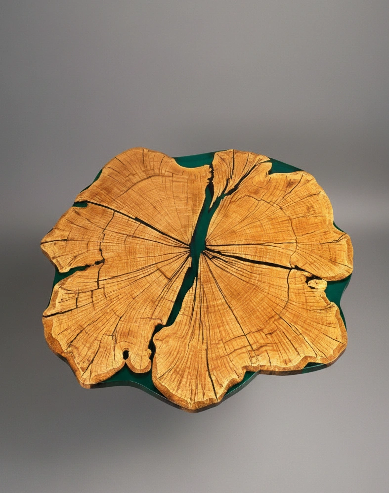 stół jadalniany z plastra dębu z zieloną żywicą epoksydową na metalowych nogach zabezpieczony lakierem w połysku