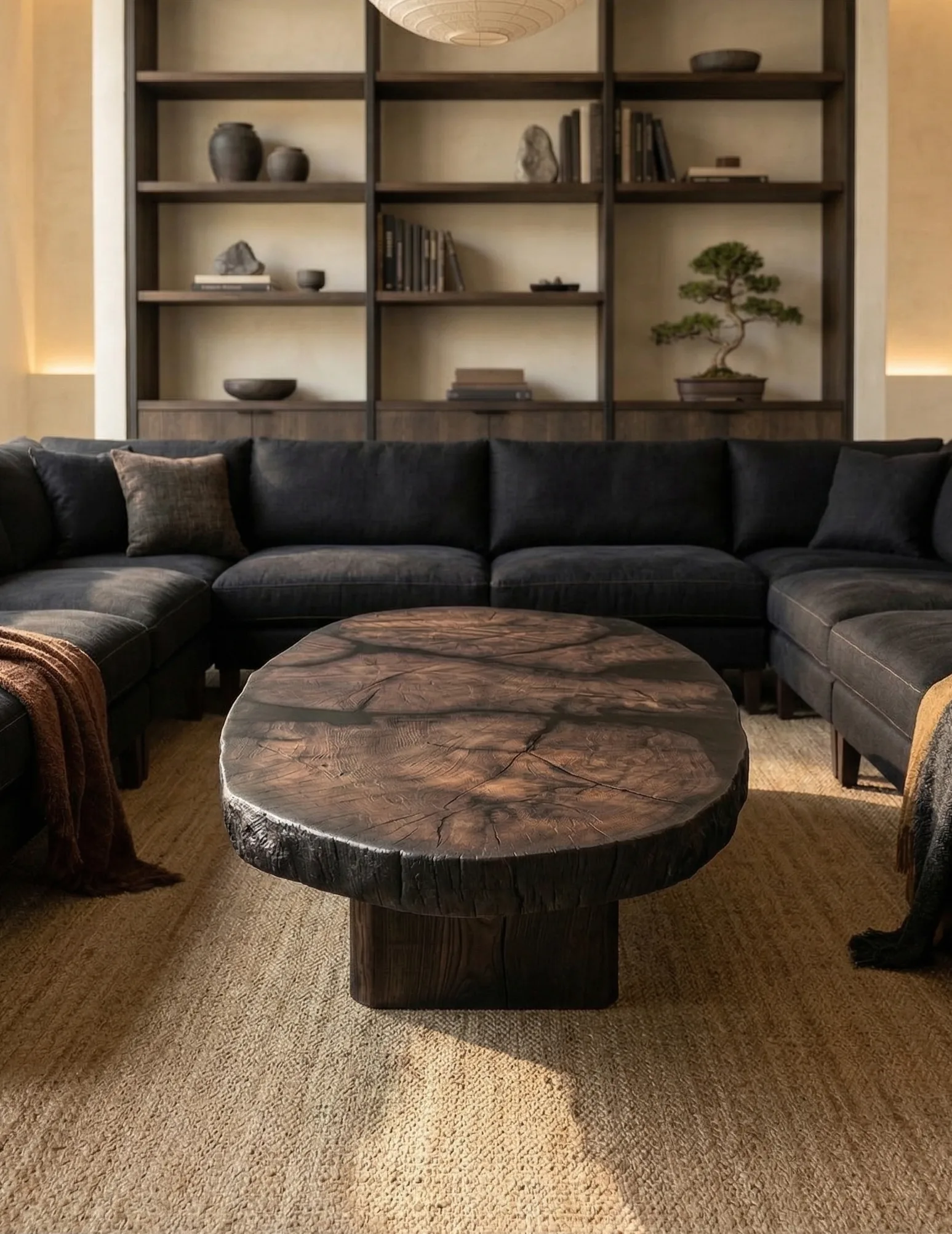 stolik kawowy do salonu - duży stolik z czarnego dębu i żywicy w matowym lakierze z monolitu i plastrów dęba