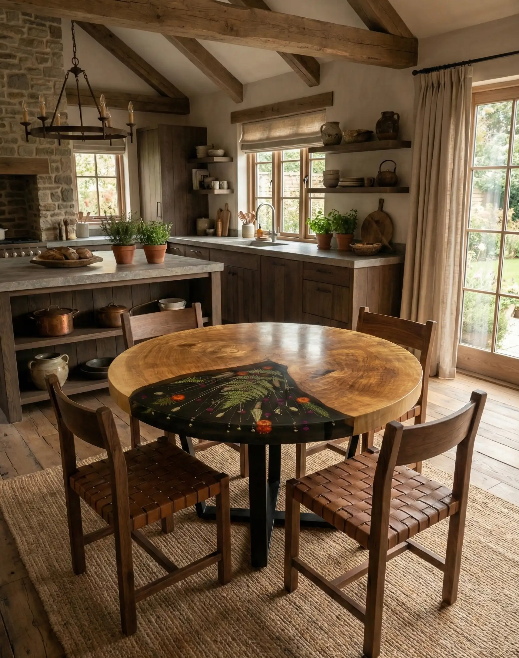 stół jadalniany wykonany z plastra topoli z żywicą oraz wielkim motywem roślinnym u klienta w domu